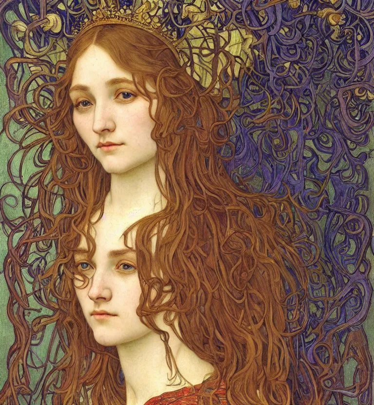 Image similar to detailed realistic beautiful young medieval queen face portrait by jean delville, alphonse mucha, vincent van gogh, and marco mazzoni, art nouveau, symbolist, visionary, gothic, pre - raphaelite