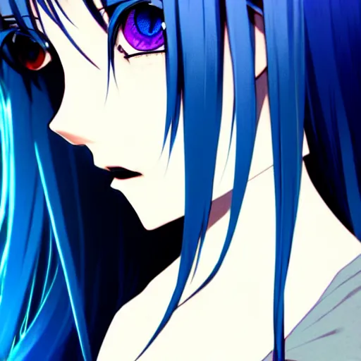 Prompt: long blue - haired girl with bangs gothic anime character with ( amber irises ) noir, screenshot, anime, sharp focus, intricate, illustration, cell shaded, digital painting, highly detailed, concept art, matte, art by ilya kuvshinov, wlop, and greg rutkowski, studio quality, james jean, artem demura