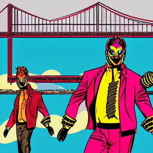 Image similar to Miami Vice themed luchador event on the Golden Gate Bridge; Luchador costume; miami Vice; colors; graphic art; vector graphics; masterpiece illustration comic