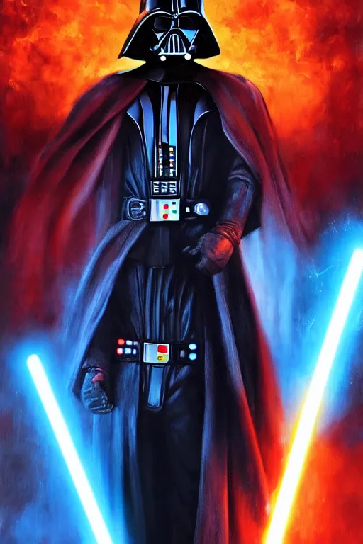 Prompt: anakin skywalker emerging from a ocean of flames. he is wearing darth vader's suit. he has a lightsaber in his right hands and clenches the left hand as a fist. detailed portrait. photorealistic. digital oil painting. visible brushstrokes