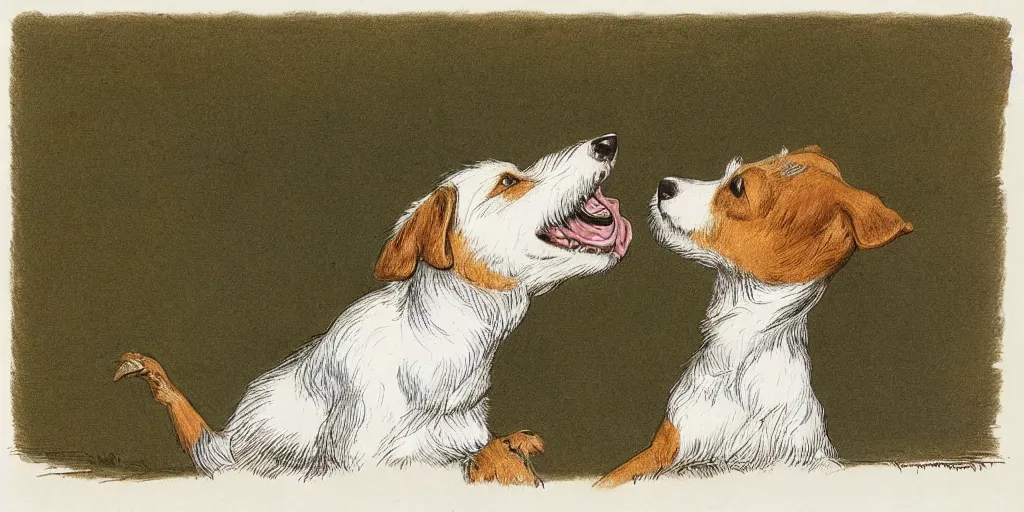 Prompt: jack russel dog looking up and howling with mouth open, highly detailed, side view, illustrated by peggy fortnum and beatrix potter and sir john tenniel