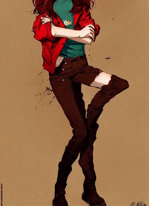 Image similar to full-body shot of an attractive tomboy girl with long, crimson red hair and red eyes, wearing a brown, open jacket and green jeans with a stern look, concept art, character design, by WLOP, by Ross Draws, by Tomine, by Satoshi Kon, by Rolf Armstrong