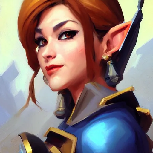 Image similar to greg manchess portrait painting of zelda as overwatch character, medium shot, asymmetrical, profile picture, organic painting, sunny day, matte painting, bold shapes, hard edges, street art, trending on artstation, by huang guangjian and gil elvgren and sachin teng