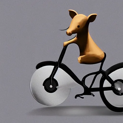 Image similar to a stainless steel bike, made of swiss cheese wheels, a cartoonish rat riding the bike on the surface of the moon and, photorealistic