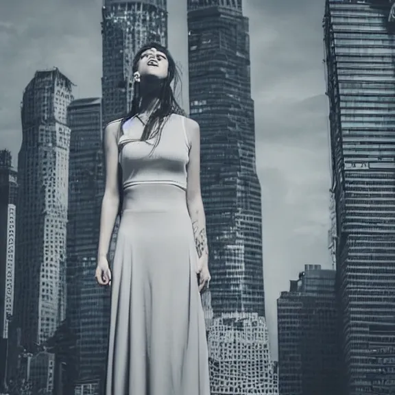 Image similar to portrait of 2 5 - year - old woman godess with angle 1 0 0 ° centred looking away fresh air, strong spirit and look happy, background city blured futuristic