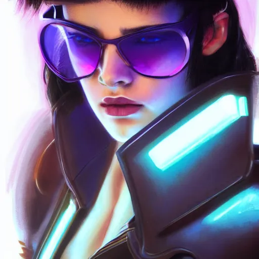 Image similar to very detailed masterpiece closeup painting of a very beautiful young mexican cyberpunk woman with light blue shutter shades, one side haircut, brown hair with light blue ends, purple leather jacket, beauty mark on cheek, portrait, synthwave background, artstation, concept art by greg rutkowski