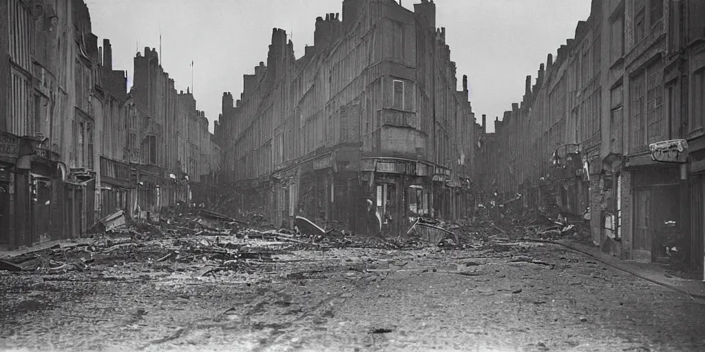 Image similar to a colour night photo of the street of saint - malo after being bombed with pocket of fire in 1 9 4 5