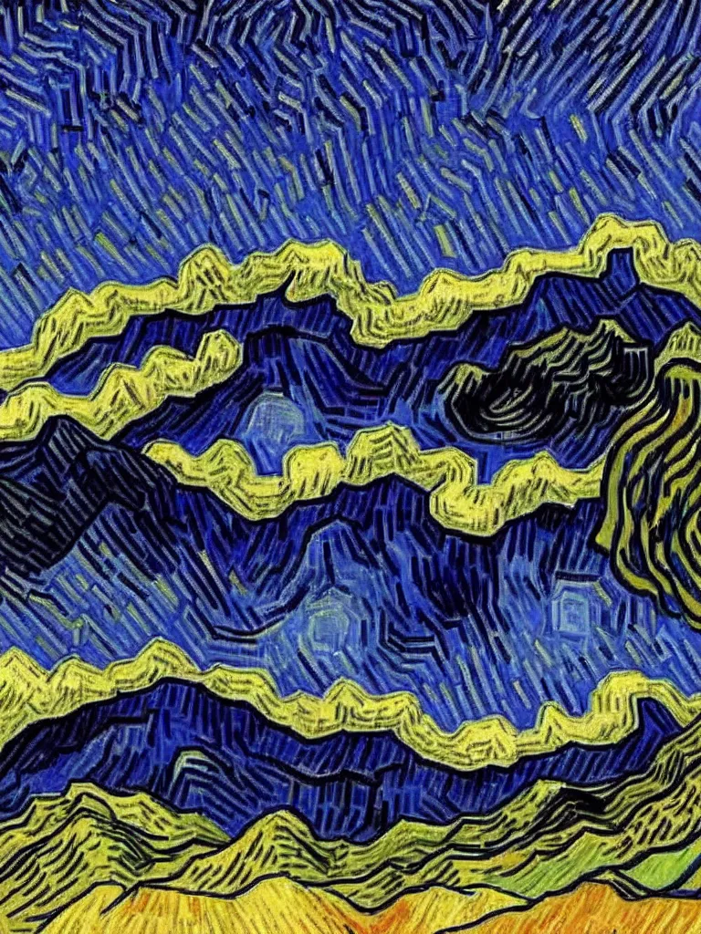 Image similar to montserrat multi - peaked mountain range at night by van gogh