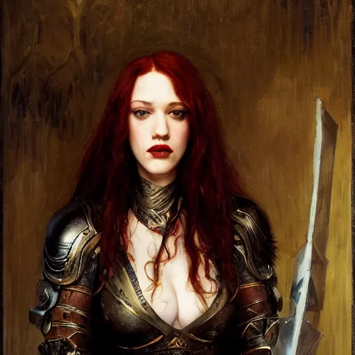 Image similar to redhead kat dennings wearing black medieval armour, by gaston bussiere, bayard wu, greg rutkowski, giger, maxim verehin, greg rutkowski, masterpiece, sharp focus, cinematic lightning