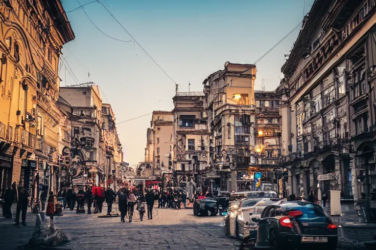Prompt: urban photography of bucharest, award winning, sunset, streets, buildings, people, beautiful