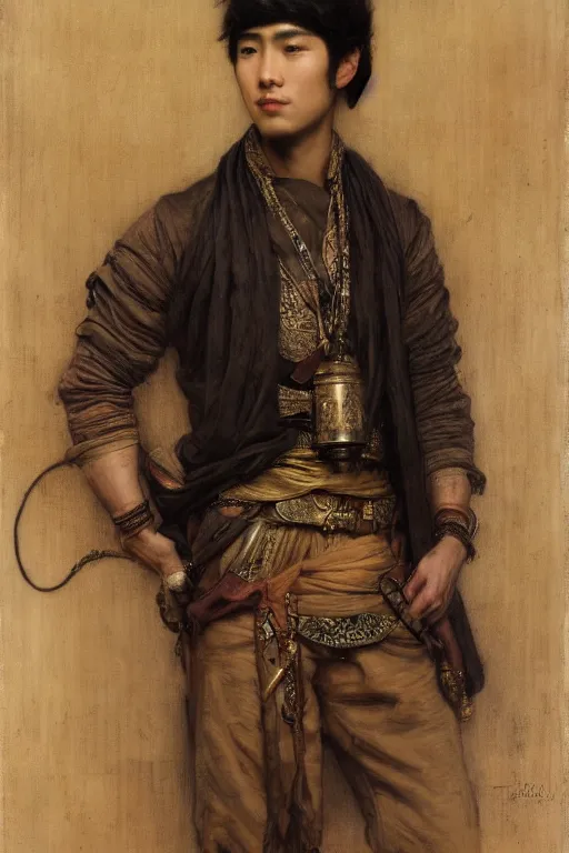 Image similar to attractive asian male, steampunk, cool tint, orientalist intricate portrait by john william waterhouse and edwin longsden long and theodore ralli and nasreddine dinet, hyper realism, dramatic lighting