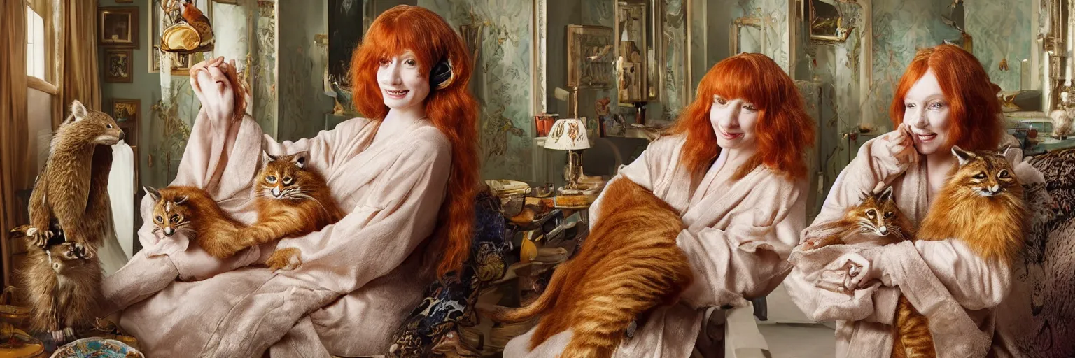 Image similar to a stunning hyper-detailed photorealistic painting of a solitary slender beautiful smiling woman with long ginger hair and bangs, wearing a luxurious silk robe, wearing headphones and posing with her large ginger tabby cat and her raccoon and parrots in an overstuffed easy chair in her sunlit victorian living room, holding a porcelain parrot-shaped coffee mug and a donut, perfect eyes, fashion photography, cinematic lighting, octane render, IBEX Masters, unreal engine, 85 mm lens,