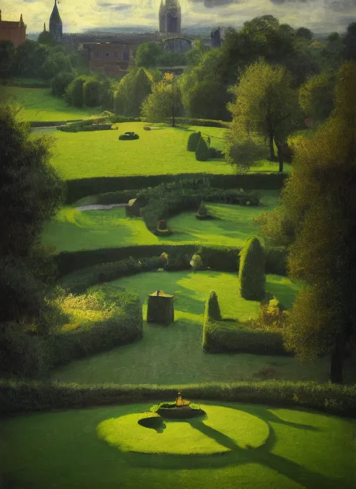 Prompt: medium shot, cinematic, view from the castle window ob the green grass maze, enhancements, soft lighting, by john ward, by levitan, by arthur walker, by vermeer, by monet, oil on canvas, royal academy, masterpiece, trending on artstation, cinematic composition, dramatic pose, beautiful lighting, sharp, details, hyper - detailed, hd