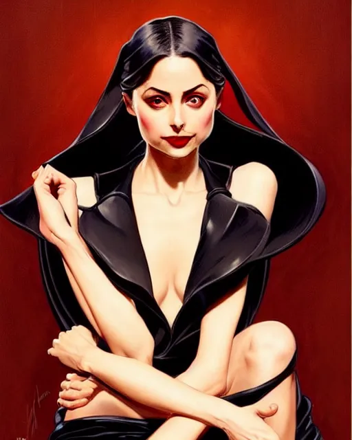 Image similar to style of j. c. leyendecker, artgerm : : gorgeous willa holland : : evil witch, swirling black magic, black dress : : symmetrical face, symmetrical eyes : : full body pose : : gorgeous black hair : : magic lighting, low spacial lighting : :