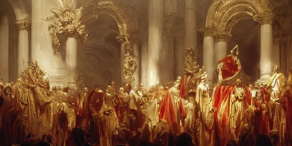 Prompt: beautiful oil matte portrait painting, steve buscemi in royal crimson robes enthroned as the god emperor of ancient rome surrounded by servants in gilded halls a golden wreath upon his head, by anders zorn, wonderful masterpiece by greg rutkowski, beautiful cinematic light, american romanticism, by thomas lawrence, greg rutkowski