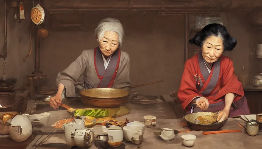 Prompt: old japanese lady cooking in old 1 8 0 0's kitchen, hyperdetailed, artstation, cgsociety, 8 k