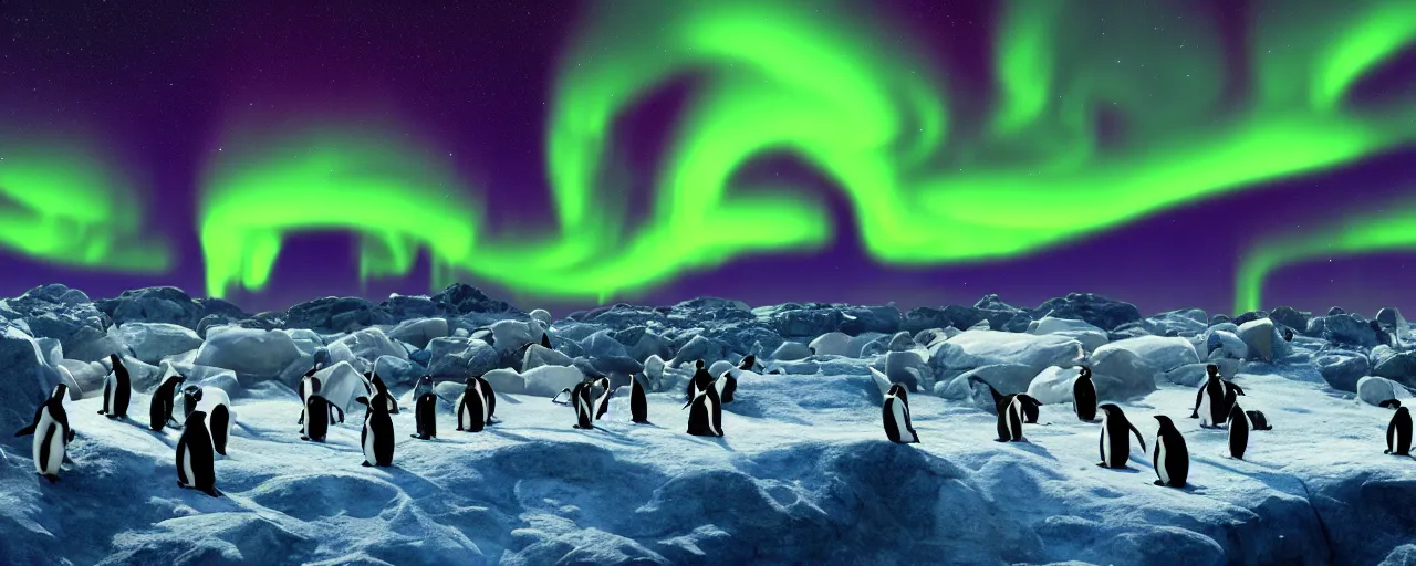 Prompt: a group of penguins watching the aurora borealis, large scale, breathtaking, mixed media, digital art, trending on artstation, 8k, epic composition, highly detailed, AAA graphics