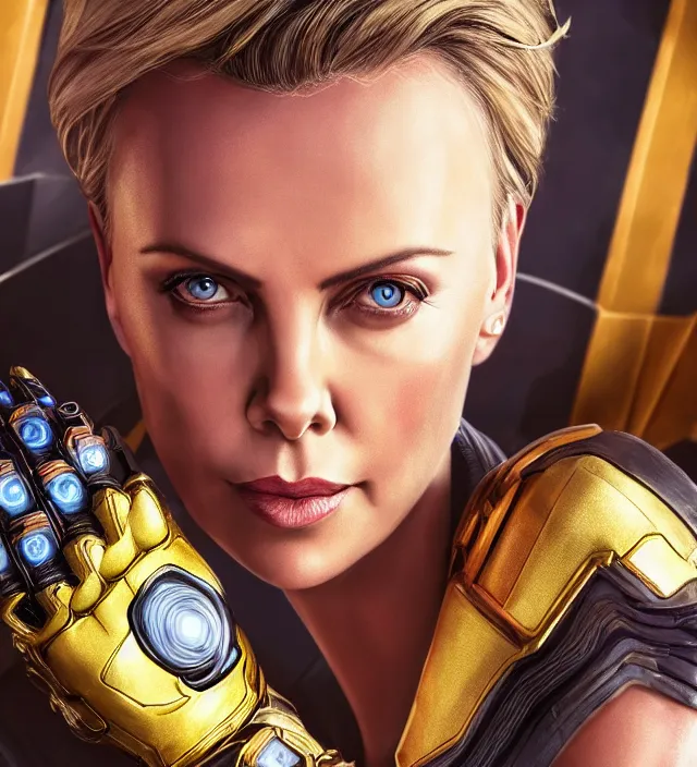 Image similar to portrait of (Charlize Theron), wearing The Infinity Gauntlet. intricate artwork. octane render, trending on artstation, very coherent symmetrical artwork. avengers. thanos. cinematic, hyper realism, high detail, octane render, 8k, iridescent accents