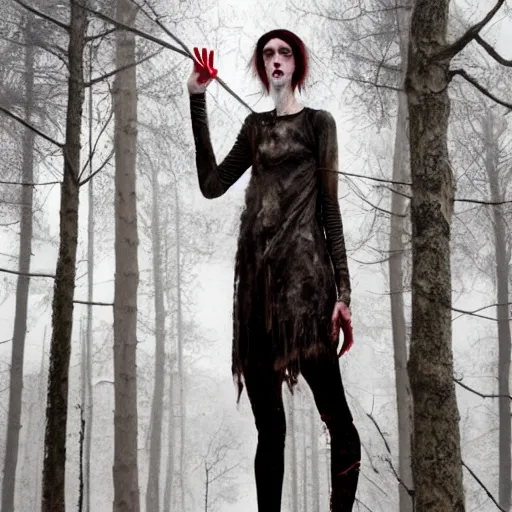 Image similar to blood soaked skinwalker, lanky, skinny, pale skin, snow, forest, dark, horrifying