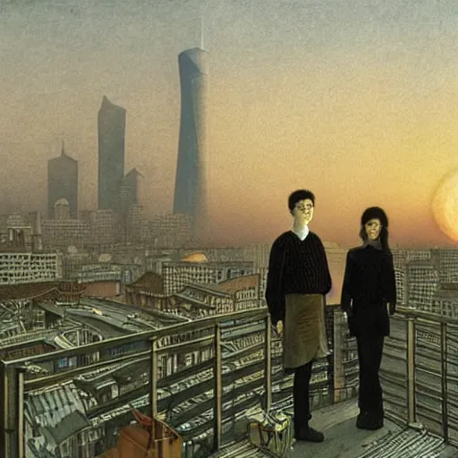 Image similar to a small rooftop with a couple of modern teenagers, standing and talking to each other, highly detailed, wearing black modern clothes, modern shanghai bund is on the background, dust, sunset, by gregory crewdson, carlos schwabe