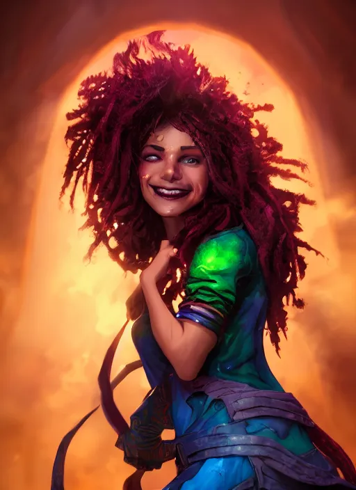 Image similar to an epic fantasy comic book style portrait painting of a girl wearing colorful makeup with a smile and curly brown hair stepping out of a doorway with light shining behind her, unreal 5, daz, hyperrealistic, octane render, cosplay, rpg portrait, dynamic lighting