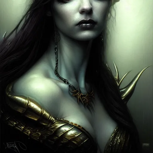 Image similar to portrait of a faerie queen grim dark, dark, piercing eyes, exotic expression, esoteric clothing, photorealistic, highly detailed, mysterious lighting, artstation, smooth, sharp focus, art by michael whelan, artgerm, greg rutkowski and luis royo