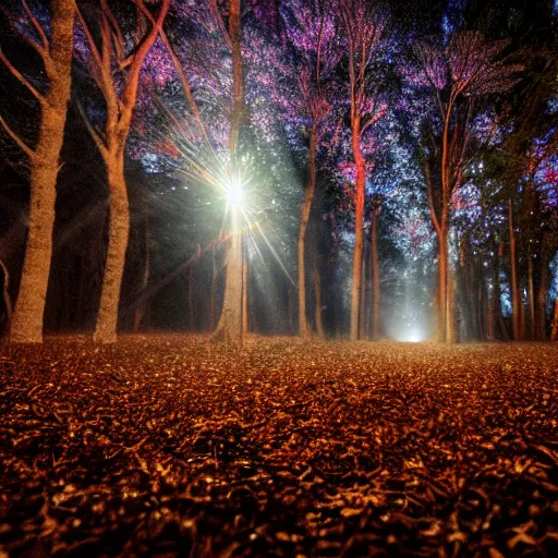 Image similar to forrest illuminated by glowing spheres, mist on ground, dramatic, night, 5 5 mm