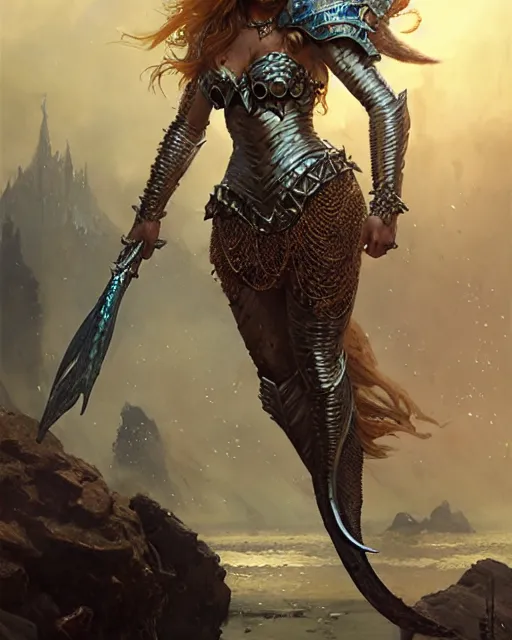 Image similar to a fierce mermaid princess in full armor, fantasy character portrait, ultra realistic, concept art, intricate details, highly detailed by greg rutkowski, gaston bussiere, craig mullins, simon bisley