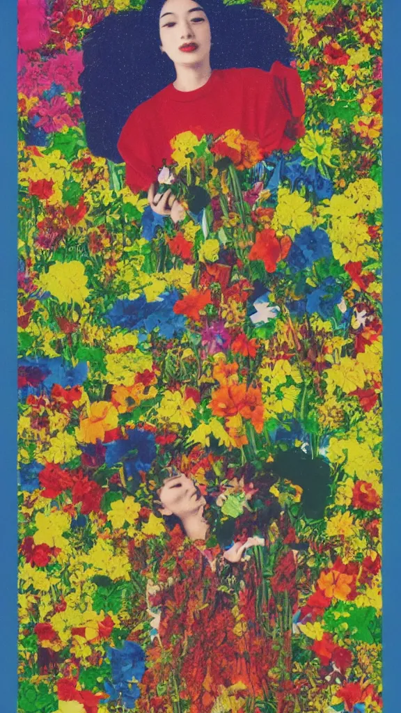 Image similar to gui for a program where an angel brings u flowerz in tha pouring rain, mixed media, by tadanori yokoo