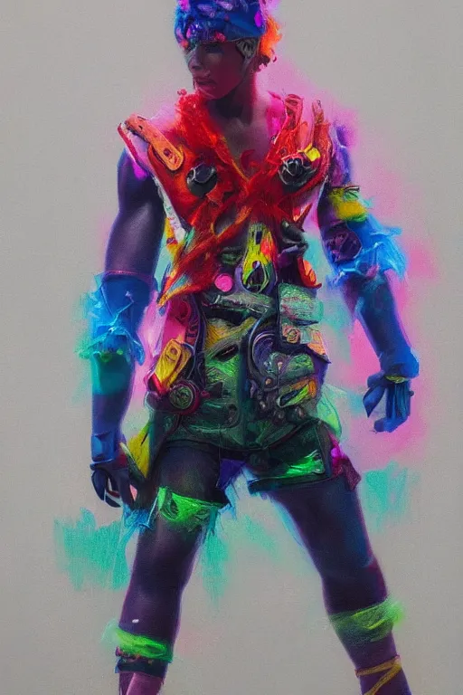 Prompt: a character wearing a diy costume with fluo colored details, muted colors, hyper real painting