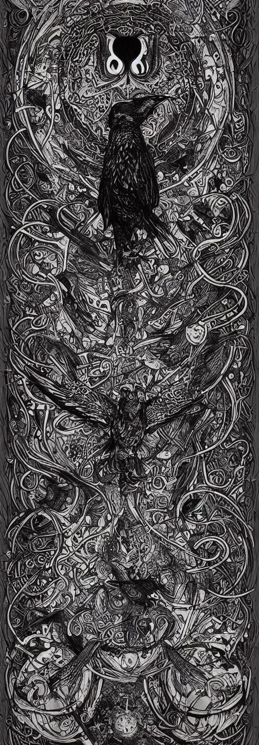 Prompt: psychedelic, monochrome artwork!!, raven, deer, in front of an owl that is a window into the ocean, typography by hr giger and james jean and andreas rocha,