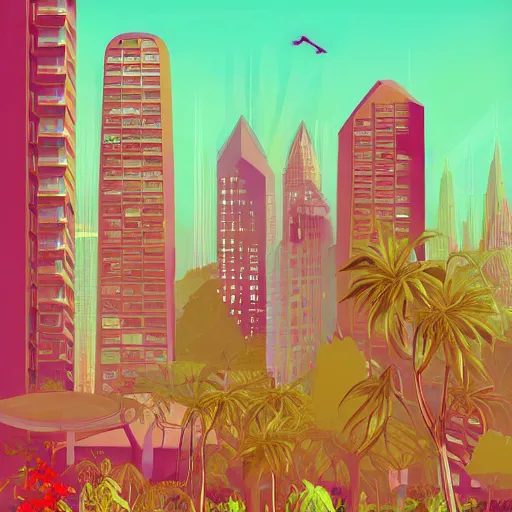 Prompt: Beautiful city of the future, overgrown with trees and plants. Nice colour scheme, warm colour. Grainy. Beautiful artistic digital artwork by artist Lurid. (2022)