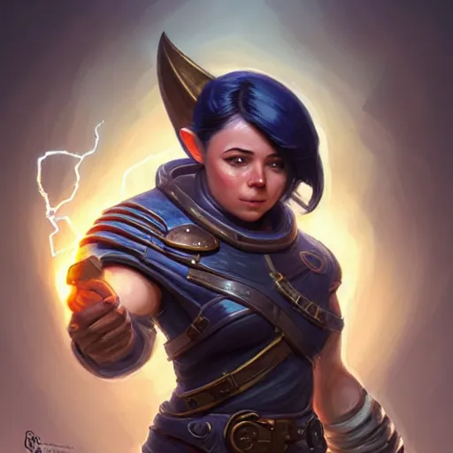 Prompt: muscular female gnome engineer artificer, crackling lightning magic gauntlet, short black hair, naval landscape, full body portrait, d & d, fantasy, intricate, elegant, highly detailed, digital painting, artstation, centred, rule of thirds, concept art, sharp focus, illustration, cover by artgerm, art by greg rutkowski