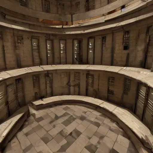 Image similar to Unreal Engine 5 - Perspective of a prisoner lookin out at a complex panopticon filled with hardened criminals - 2160p rendered on Geforce 5050Ti SLI over 20 hourse