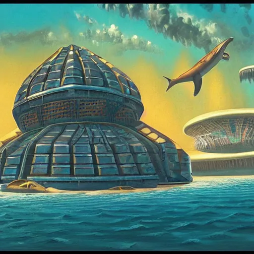 Image similar to side view a beautiful painting of a shark palace by Angus Mckie, Trending on artstation future space CG