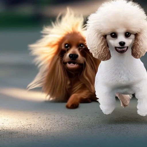 Prompt: a photorealistic closeup image of a cute brown colored long haired chihuahua cocker spaniel dog playing with a happy white bichon frise dog at the zoo. brightly lit. extreme detail. 4 k hd unreal engine