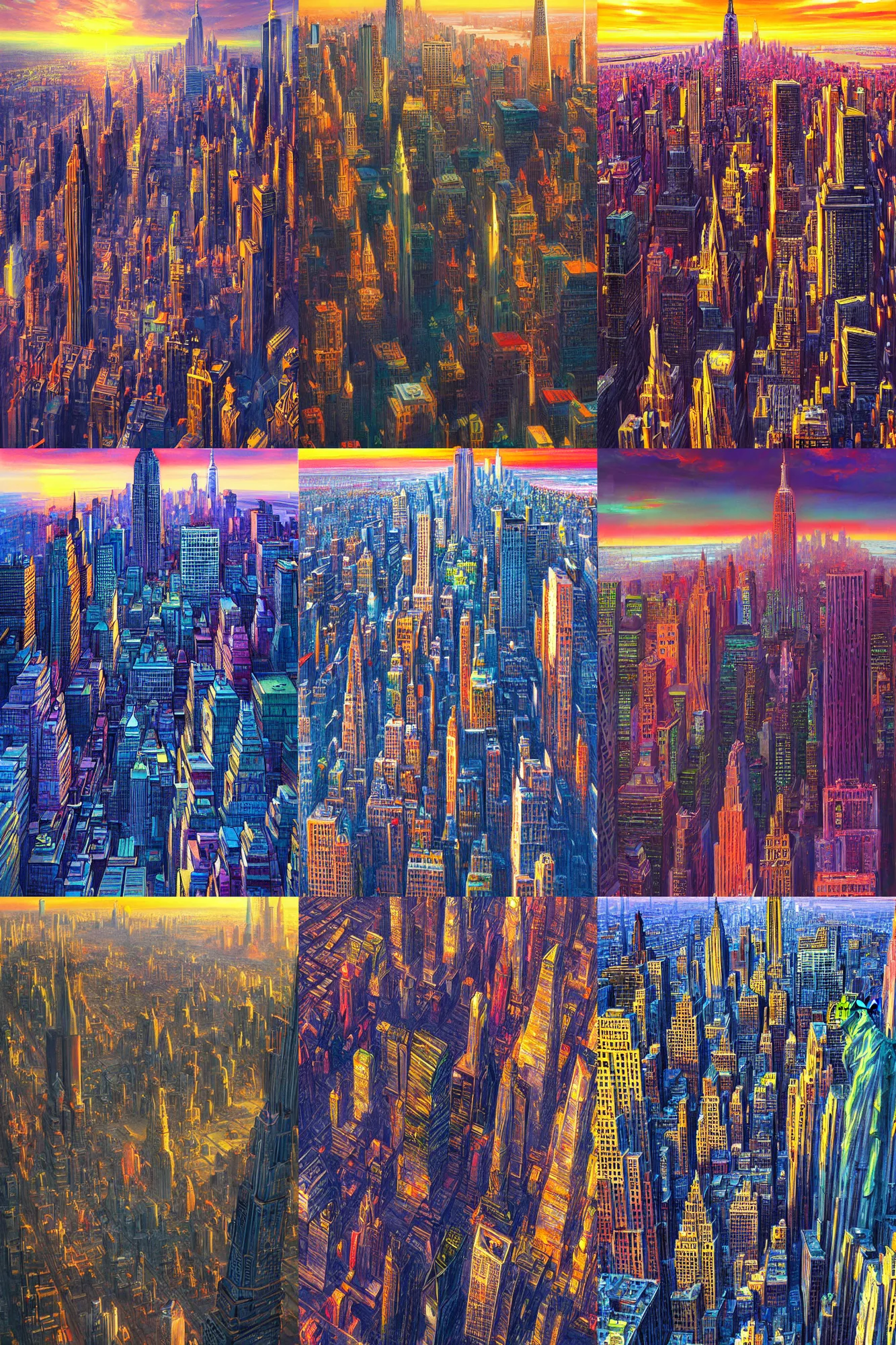Prompt: colorful futuristic newyork, empire building is highly detailed, view from the sky, by yoshitaka amano, hiroshi yoshida, painterly, ultra detailed, sunset light, digital art, concept art, illustration