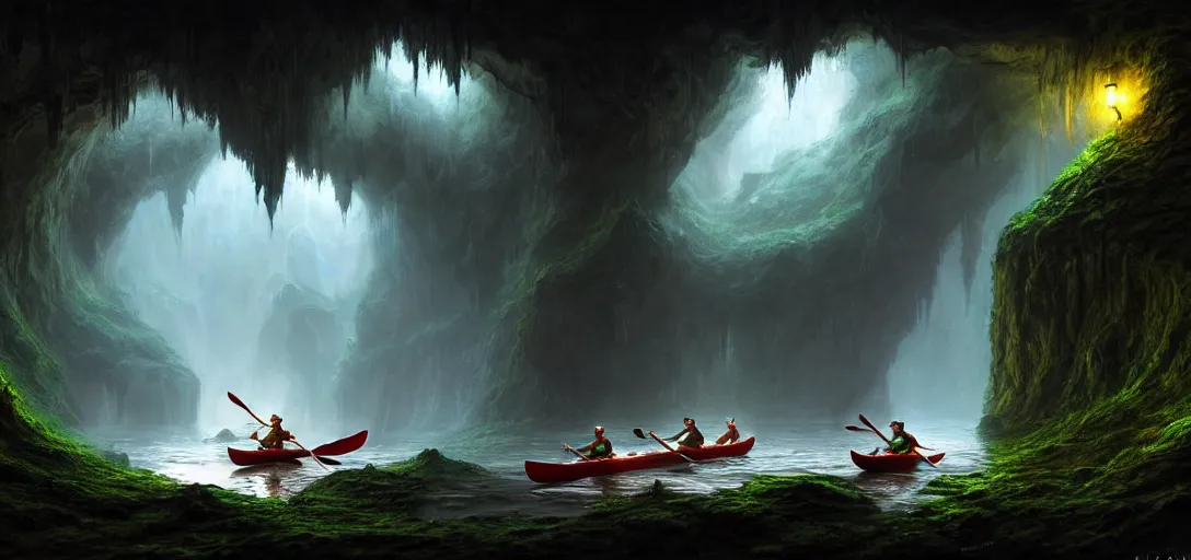 Prompt: video game concept art matte painting of elves canoeing underground through the glow worm caves in the style of stefan kostic, realistic, sharp focus, 8 k high definition, insanely detailed, intricate, mysterious, art by stanley lau and artgerm and luis royo