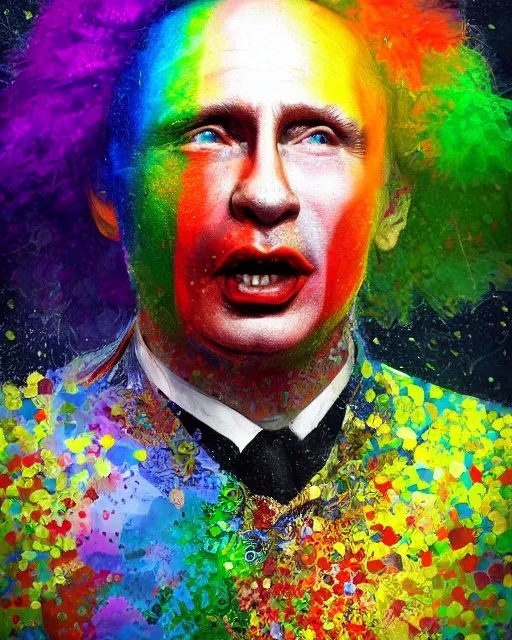 Image similar to a highly detailed portrait of Vladimir Putin as a colorful clown, gay pride flag background, intricate, digital painting, old english, particles floating, whimsical background by marc simonetti, John Singer Sargent style