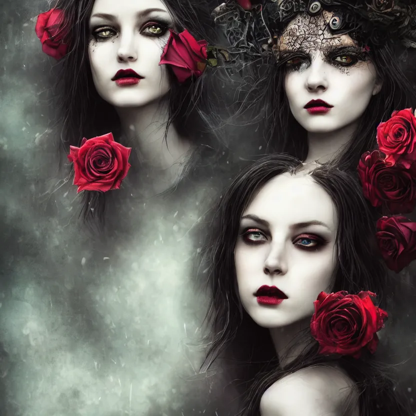Prompt: single faced portrait of enchanting femenine witch, hyper attractive, seductive, very complex, hyper - maximalist, overdetailed, legendary cinematic, darkfantasy, archetype with timeless beauty breathtaking eyes, highly intricate, realism, roses, perspicious detail, silent hill aesthetic, photorealistic, lifelike, dslr 8 k, unbeatable coherency, octane render