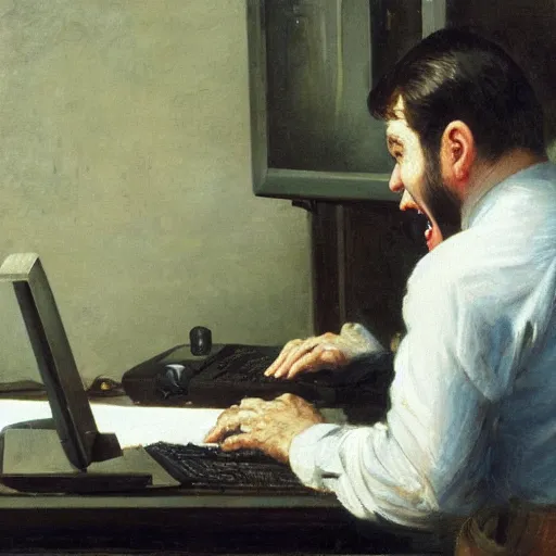 Image similar to an angry man screams at his computer monitor, oil on canvas, 1 8 8 3, highly detailed