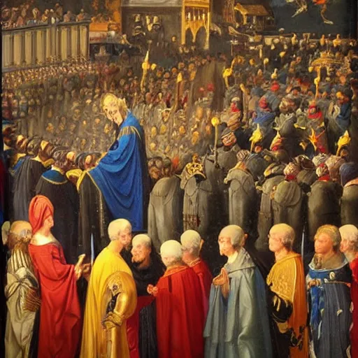 Image similar to crowning of donald trump, epic lighting, medieval painting, amazing details