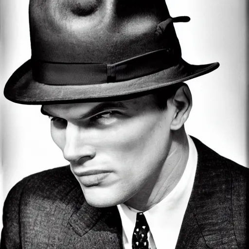 Image similar to A photograph portrait of Jerma985 wearing a suit with and fedora in the 1950s, taken in the early 1950s, grainy, taken on a 1950s Kodak Camera, realistic, hyperrealistic, very realistic, highly detailed, very detailed, extremely detailed, detailed, digital art, trending on artstation