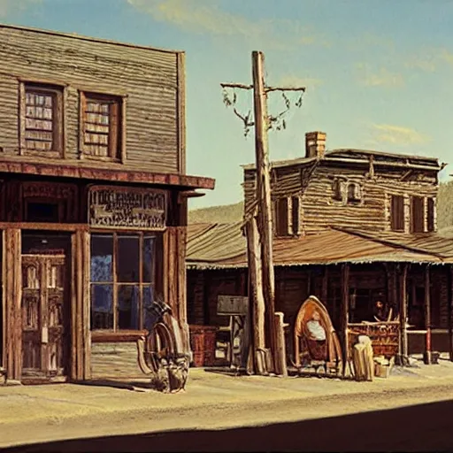 Prompt: from a movie scene, painting of a western saloon exterior on a street in old town, gregory crewdson