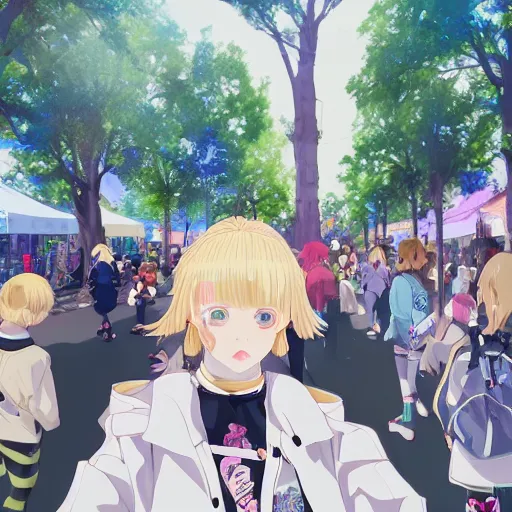 Image similar to blonde - haired princess, anime princess, wearing black jacket and white leggings, looking through crowd, town street, festival street, trees, green trees, blue lighting, blue sunshine, strong lighting, strong shadows, vivid hues, ultra - realistic, sharp details, subsurface scattering, intricate details, hd anime, 2 0 1 9 anime