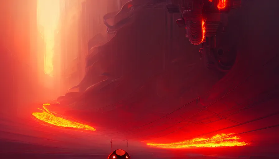 Image similar to moody portrait of a vast flaming robotic hellscape full of robotic chains and fite, path traced, environment, highly detailed, high quality, digital painting, alena aenami, lilia alvarado, shinji aramaki, karol bak, alphonse mucha, tom bagshaw