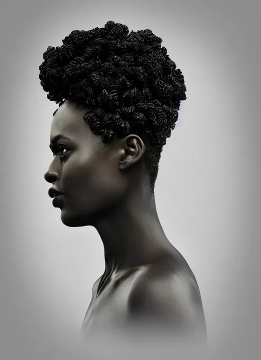 Image similar to a beautiful black woman's face in profile made of leaf skeleton, white hair, in the style of the dutch masters, gregory crewdson, rene magritte and rutkowski, dark and moody, matte, 8 k, hyper detailed, hyper realistic, intricate detail,