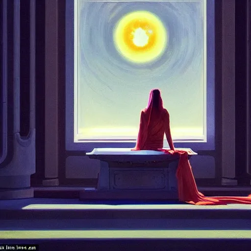 Image similar to closeup : billie eilish as the empress of the universe sits on stellar throne, concept art for a scifi film. by edward hopper. sharp focus, cinematic atmosphere, detailed and intricate, perfect anatomy, meticulous detail