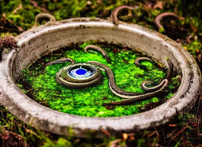 Image similar to dslr photograph of a bowl eldritch horror soup filled with tentacles and eyeballs on a mossy sewer floor, 8 5 mm f 1. 8