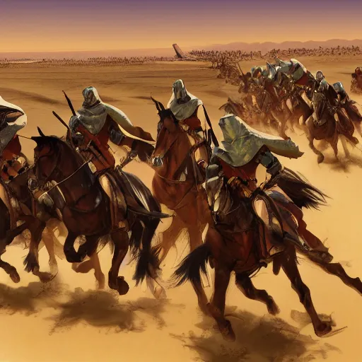 Prompt: crusaders charging across the desert sand at the arabian army, medieval, highly detailed, digital painting, concept art, sharp focus, by makoto shinkai